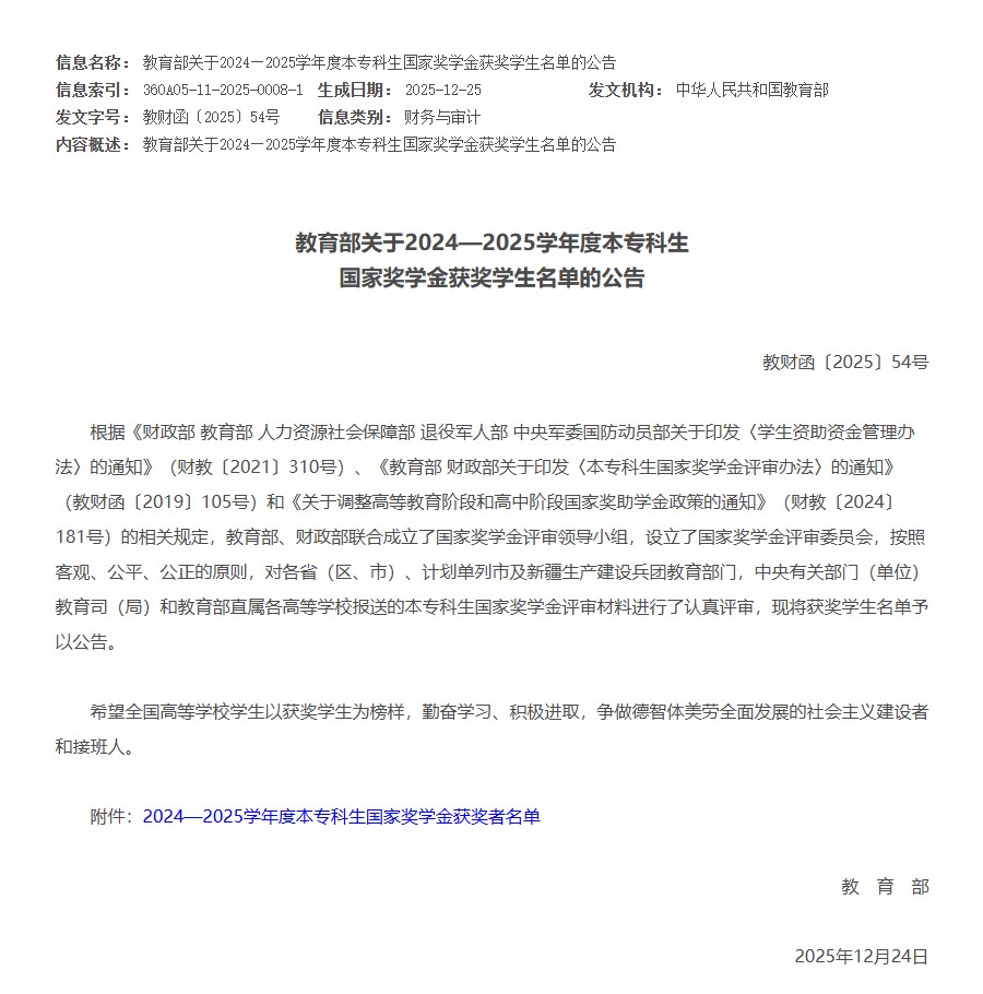 【榜样引领】优秀！教育部公布2024—2025学年度本专科生国家奖学金获奖学生名单，77名保理学子荣获国家奖学金！